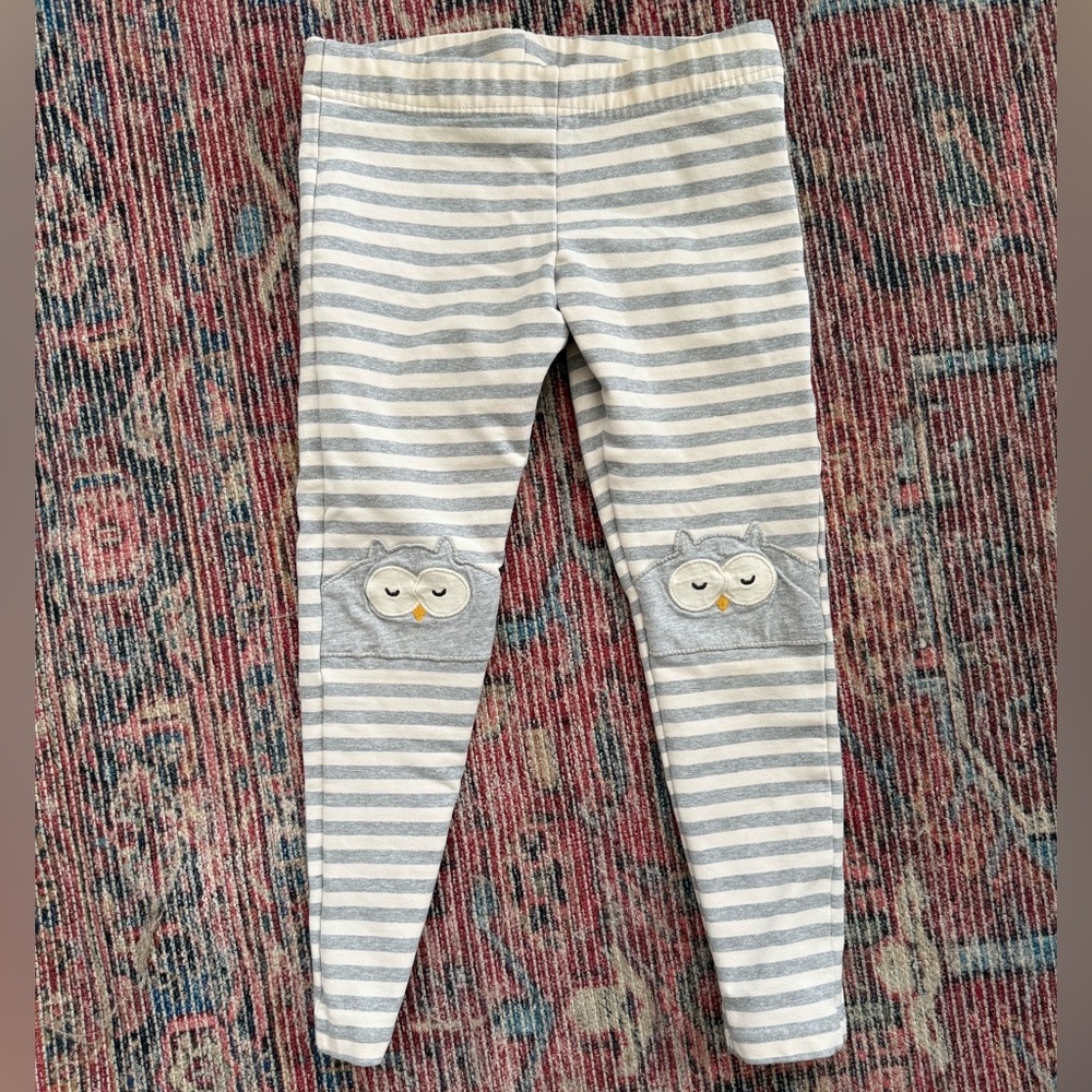 Hanna Andersson Gray and White Striped Leggings with Owl Accents